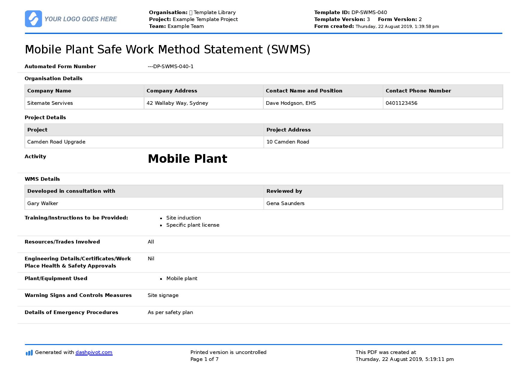 Safe work method statement SWMS