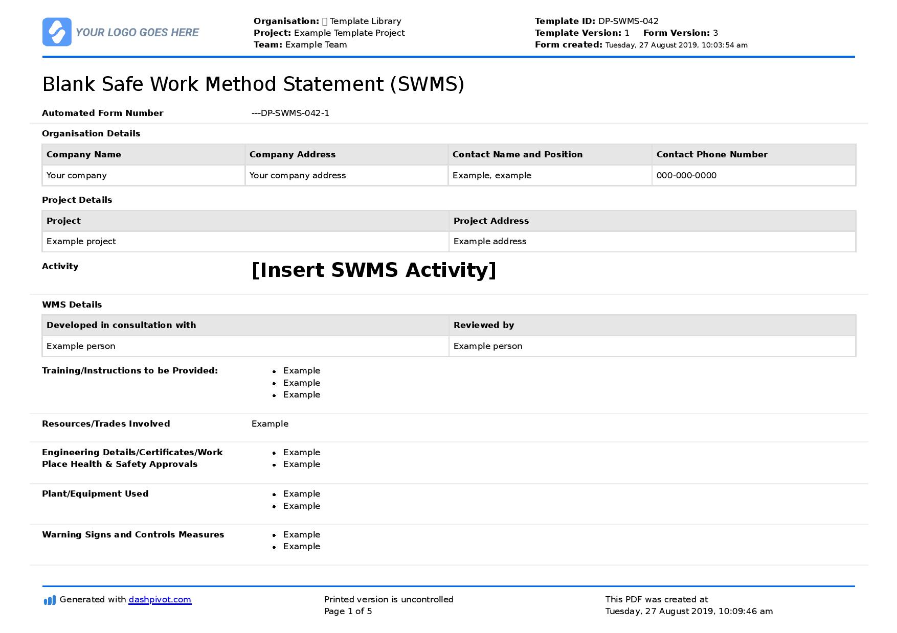 Generic Safe Work Method Statement (Free and customisable)