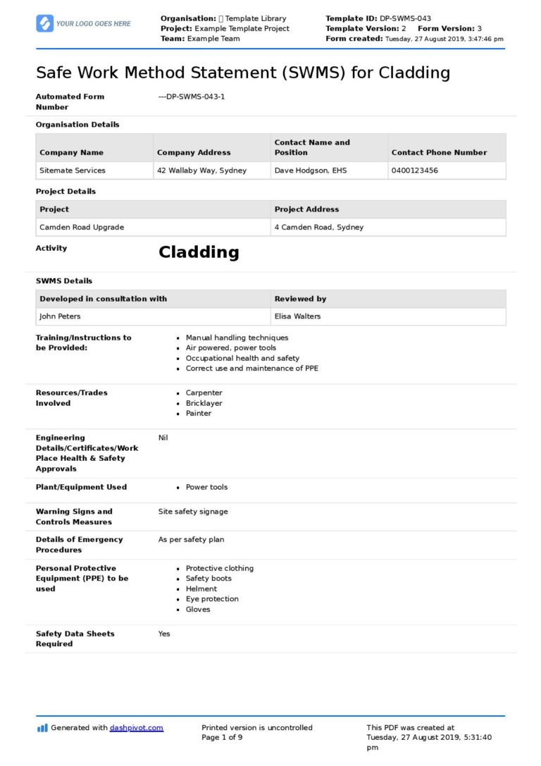 Cladding Safe Work Method Statement Free cladding SWMS