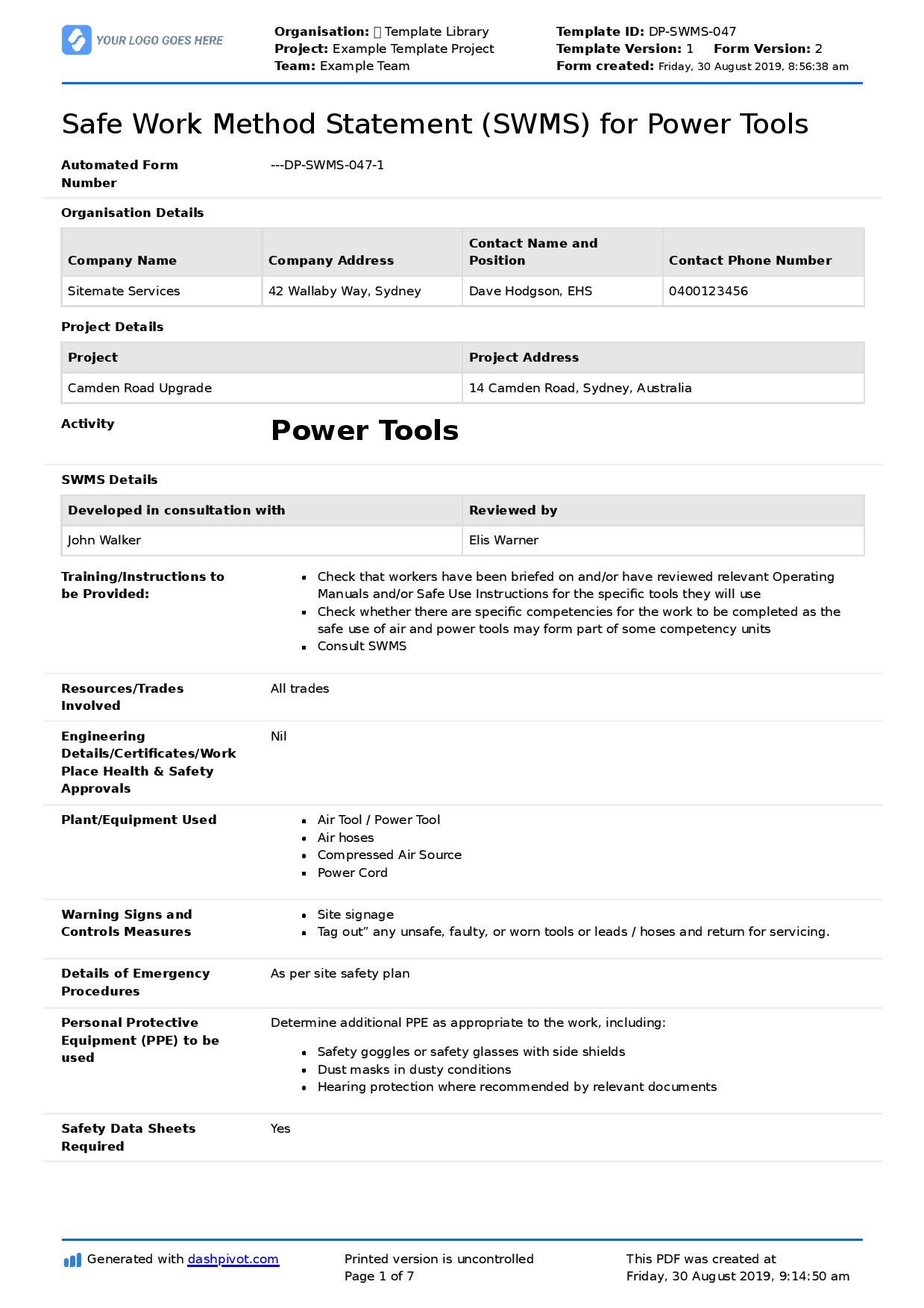 Power Tools Safe Work Method Statement (Free + editable SWMS)