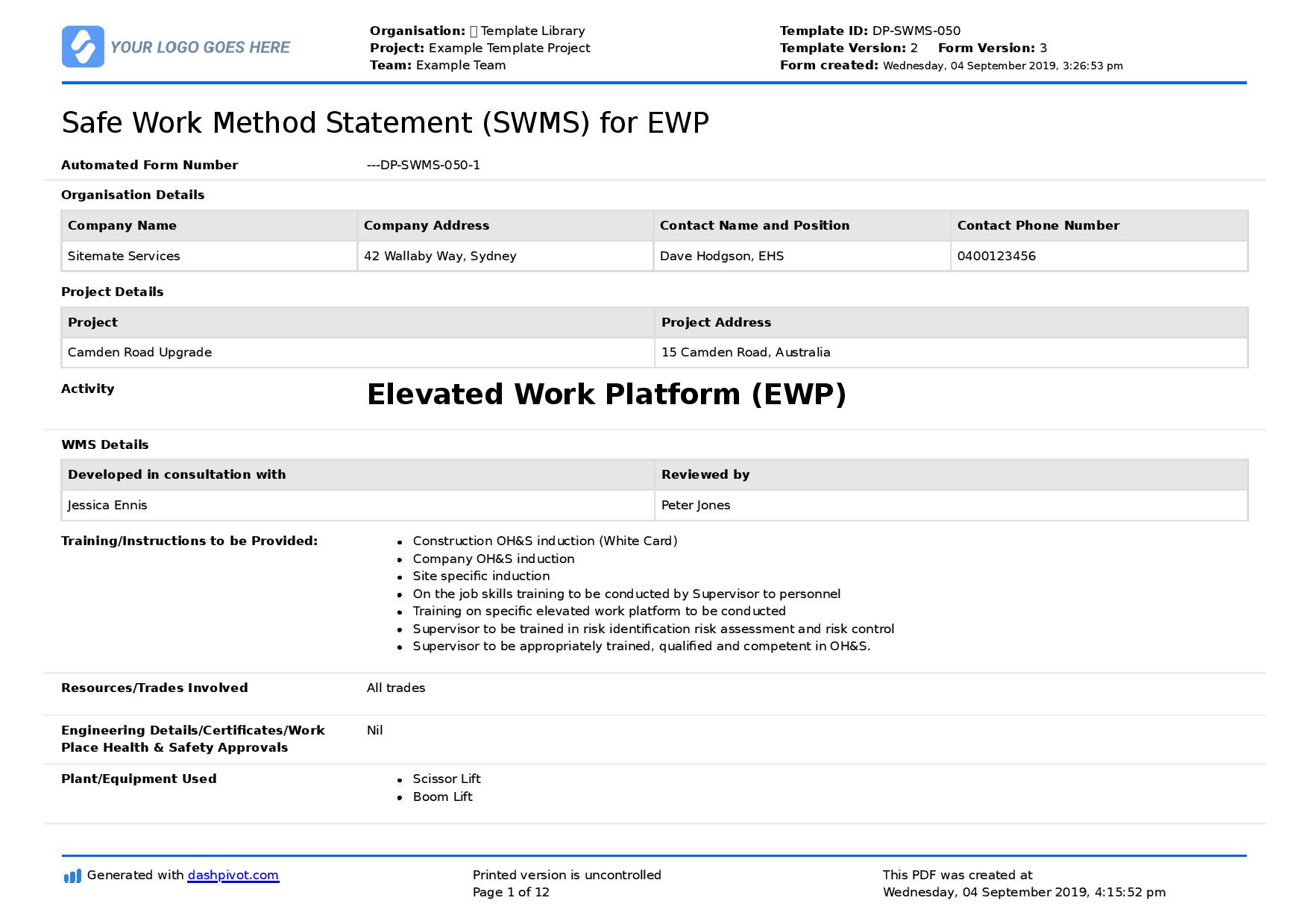 EWP (Elevated Work Platform) Safe Work Method Statement [SWMS]