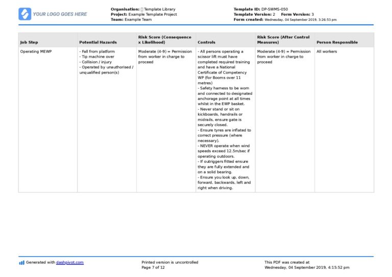 EWP (Elevated Work Platform) Safe Work Method Statement [SWMS]