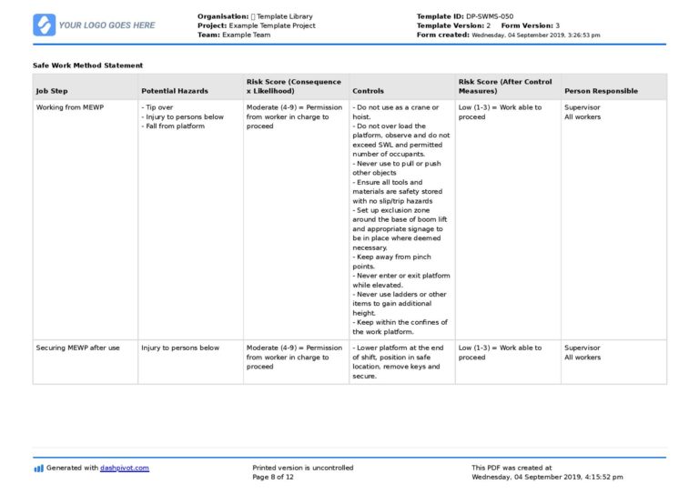EWP (Elevated Work Platform) Safe Work Method Statement [SWMS]