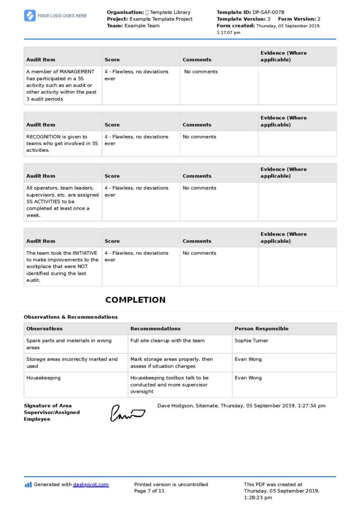 5S checklist template