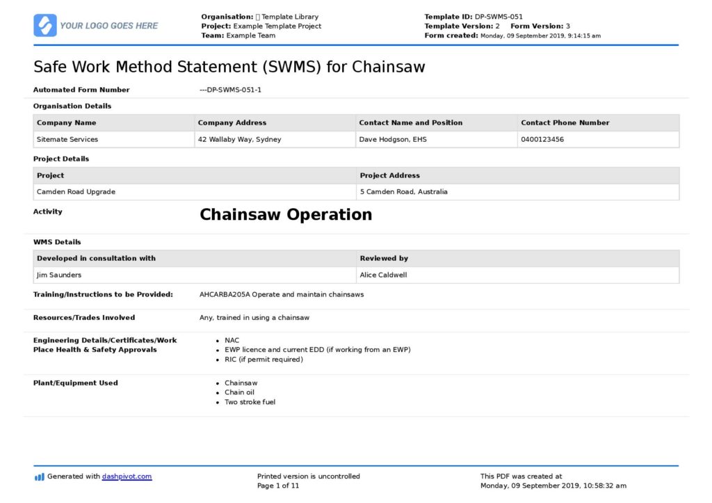 Chainsaw safe work method statement