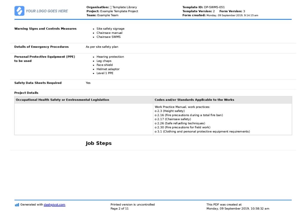 Chainsaw safe work method statement