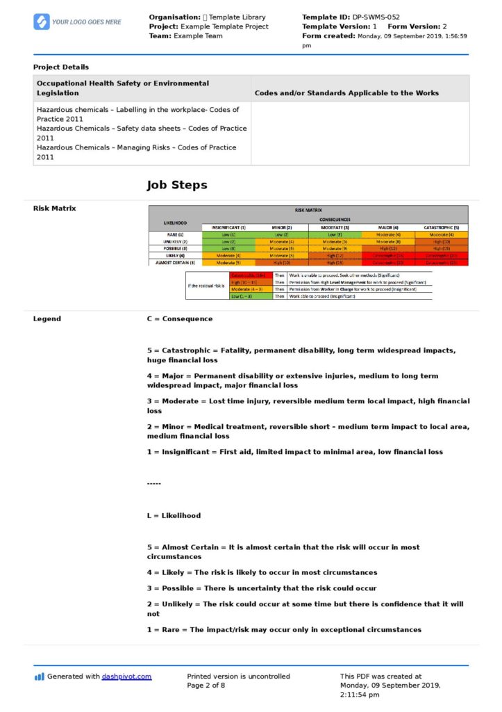 Chemical handling safe work method statement