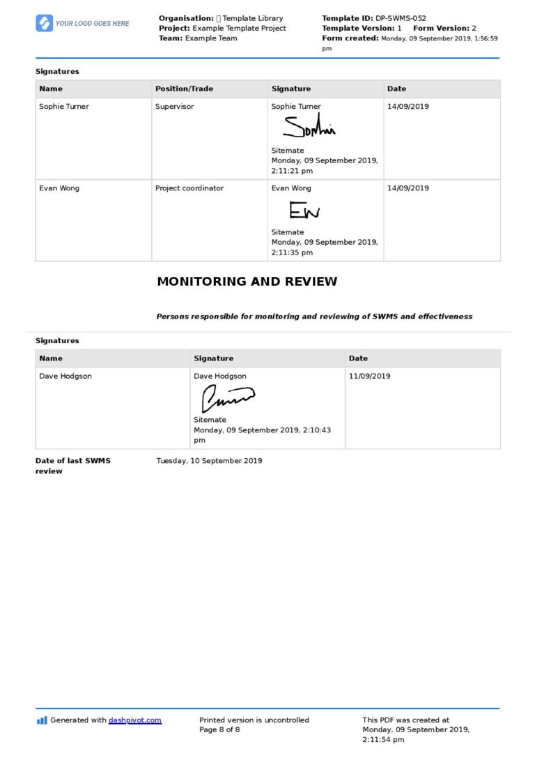 Chemical Handling Safe Work Method Statement (SWMS)