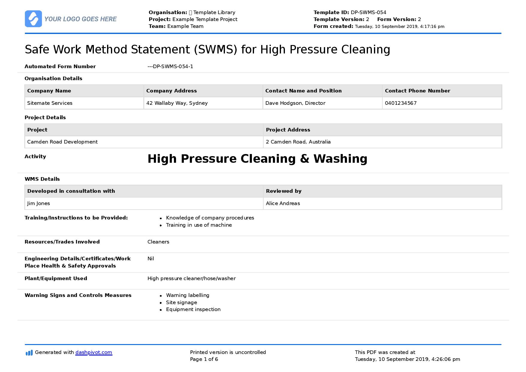 Pressure Cleaning Safe Work Method Statement (Free SWMS)