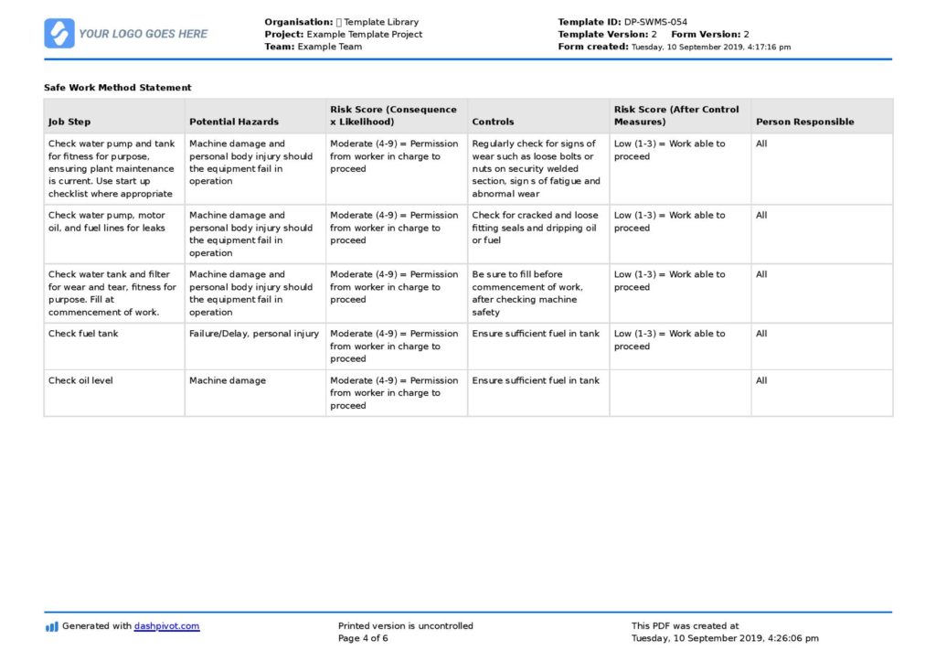 Pressure Cleaning Safe Work Method Statement Free SWMS 