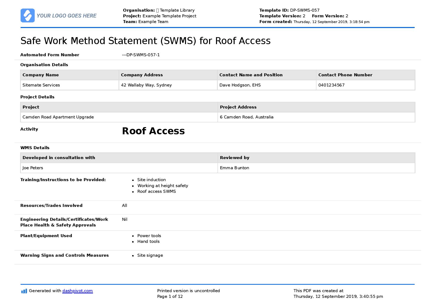 Roof Access Safe Work Method Statement (SWMS)