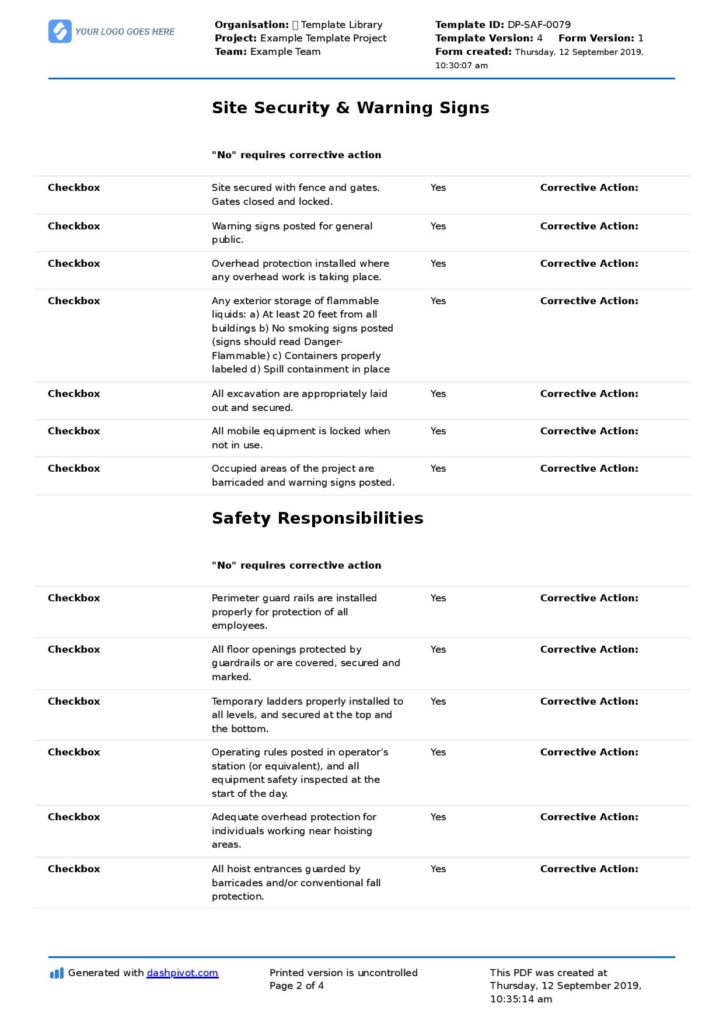 Safety audit checklist template