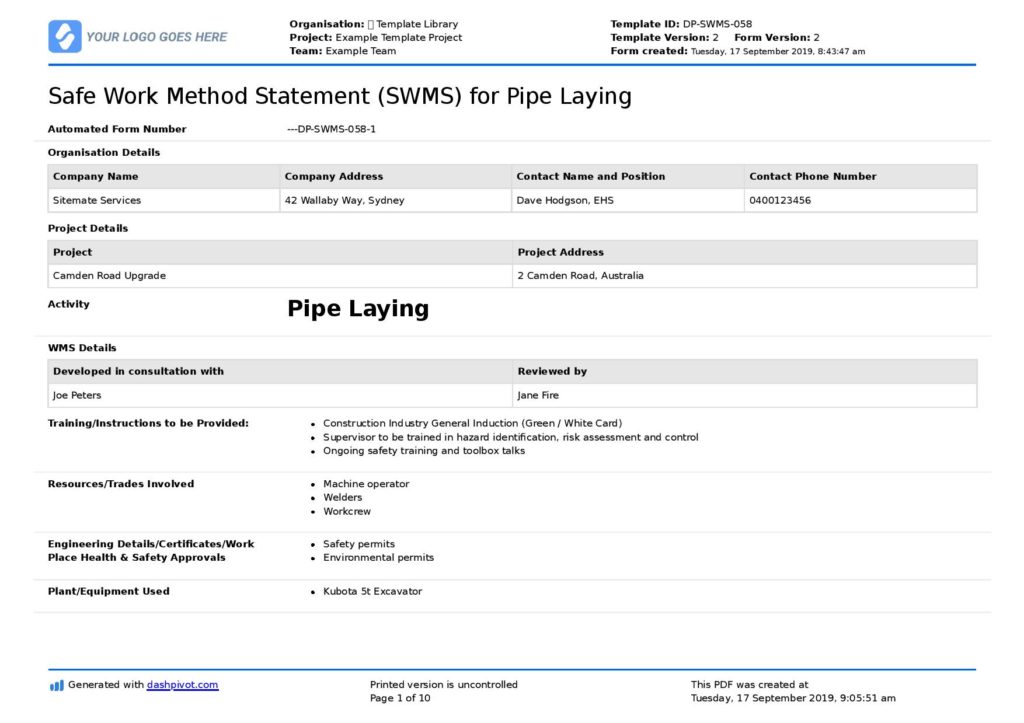 Pipe laying safe work method statement