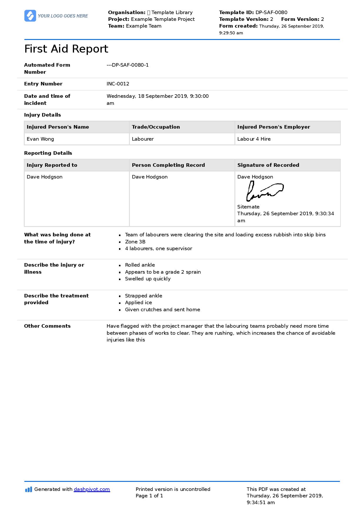 First Aid Report Form template (Free to use, better than PDF) Within First Aid Incident Report Form Template