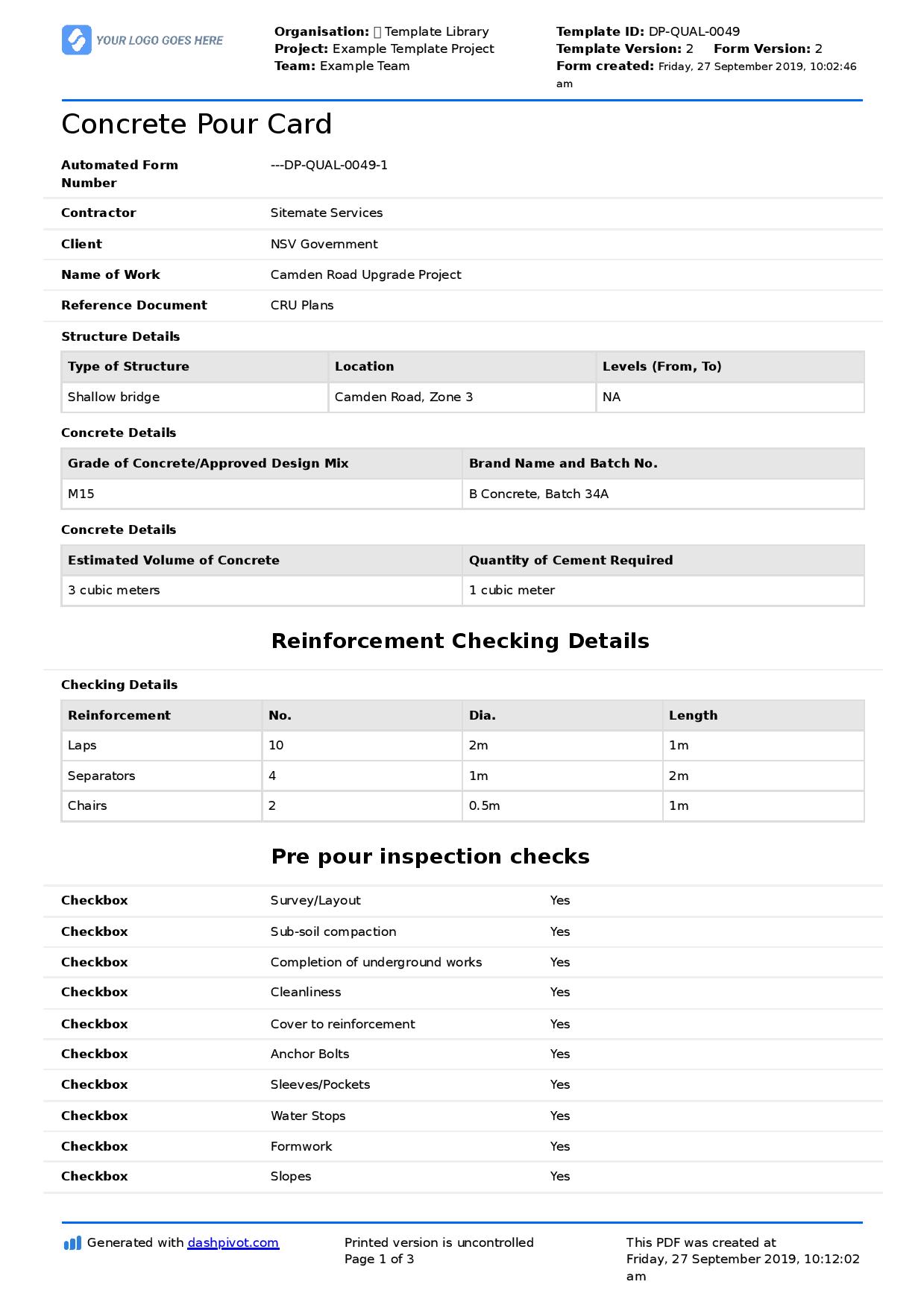 Concrete Pour Card Checklist Template: Free digital template