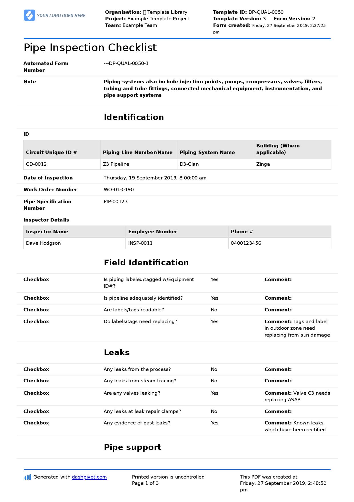 Pipe Inspection Checklist Free checklist and report form