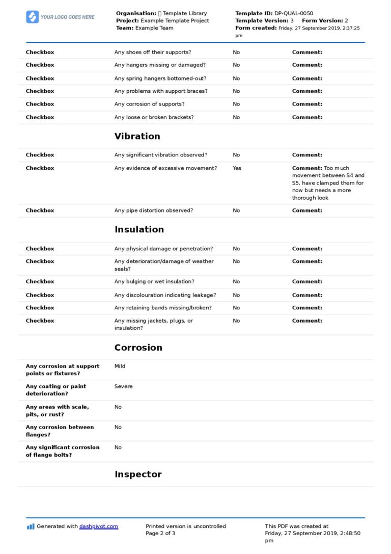 Pipe Inspection Checklist: Free checklist and report form