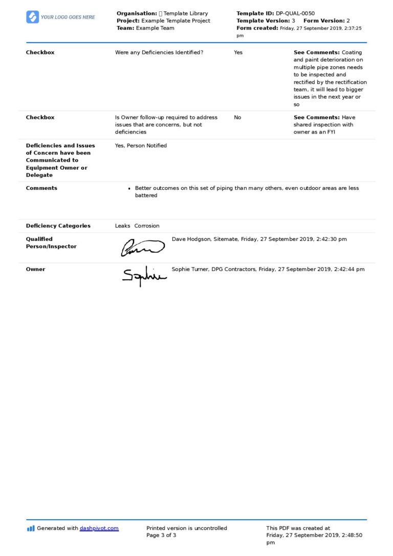 Pipe Inspection Checklist Free checklist and report form