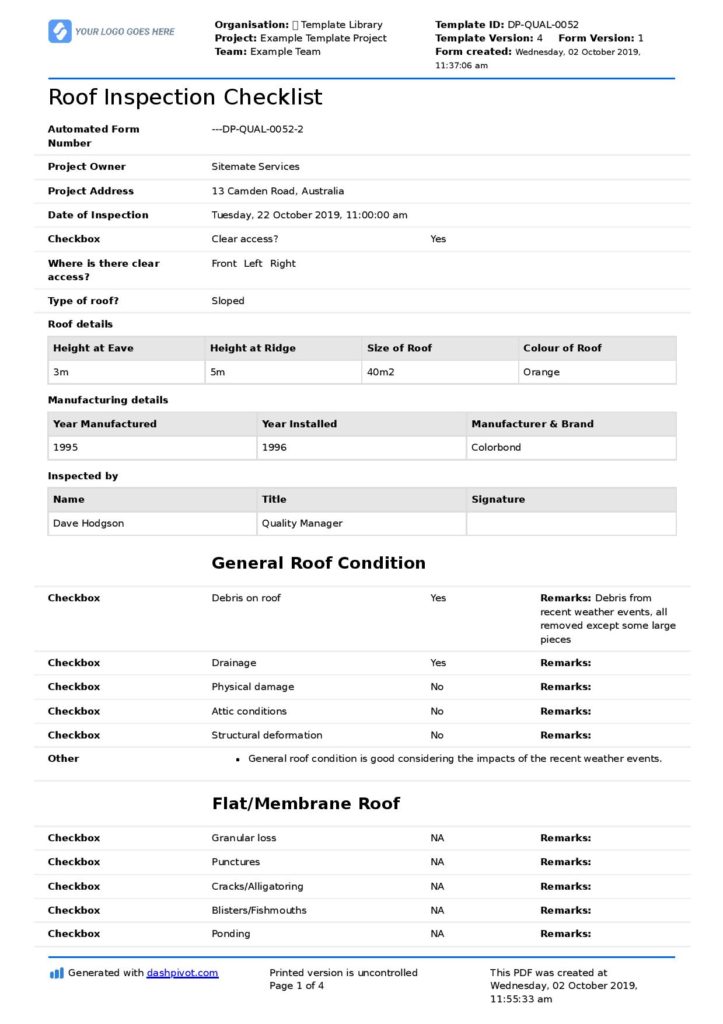 Roof Inspection Form Printable