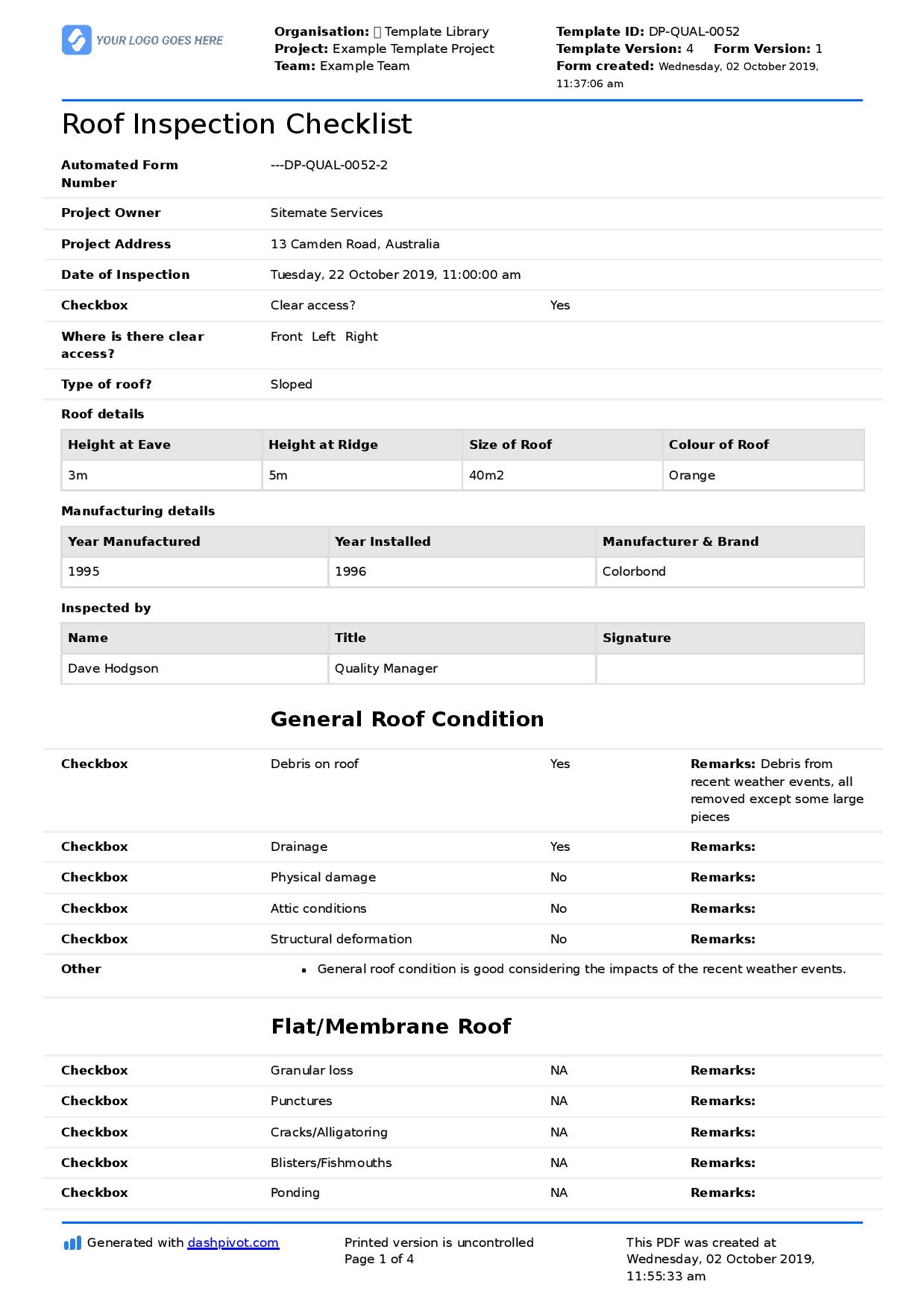 roof certification form template