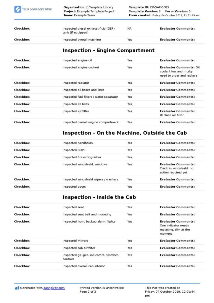 Wheel loader inspection checklist