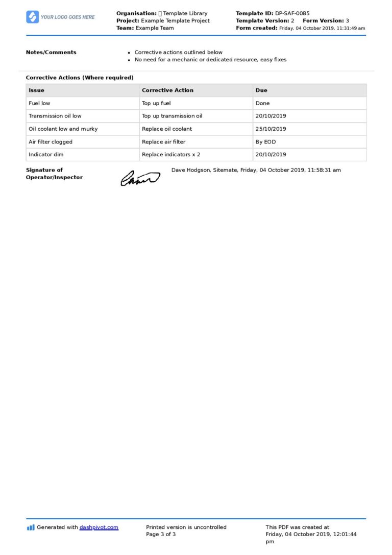 Wheel Loader Inspection Checklist Free & editable form template