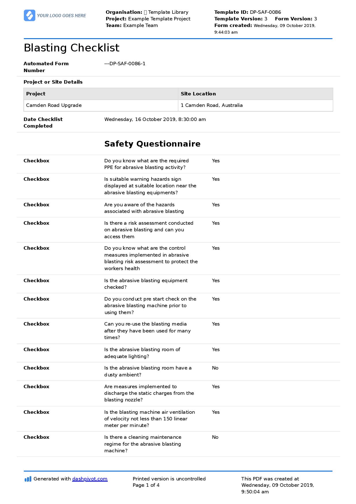 Blasting Safety Checklist (Abrasive, pre-blast, equipment inspections)