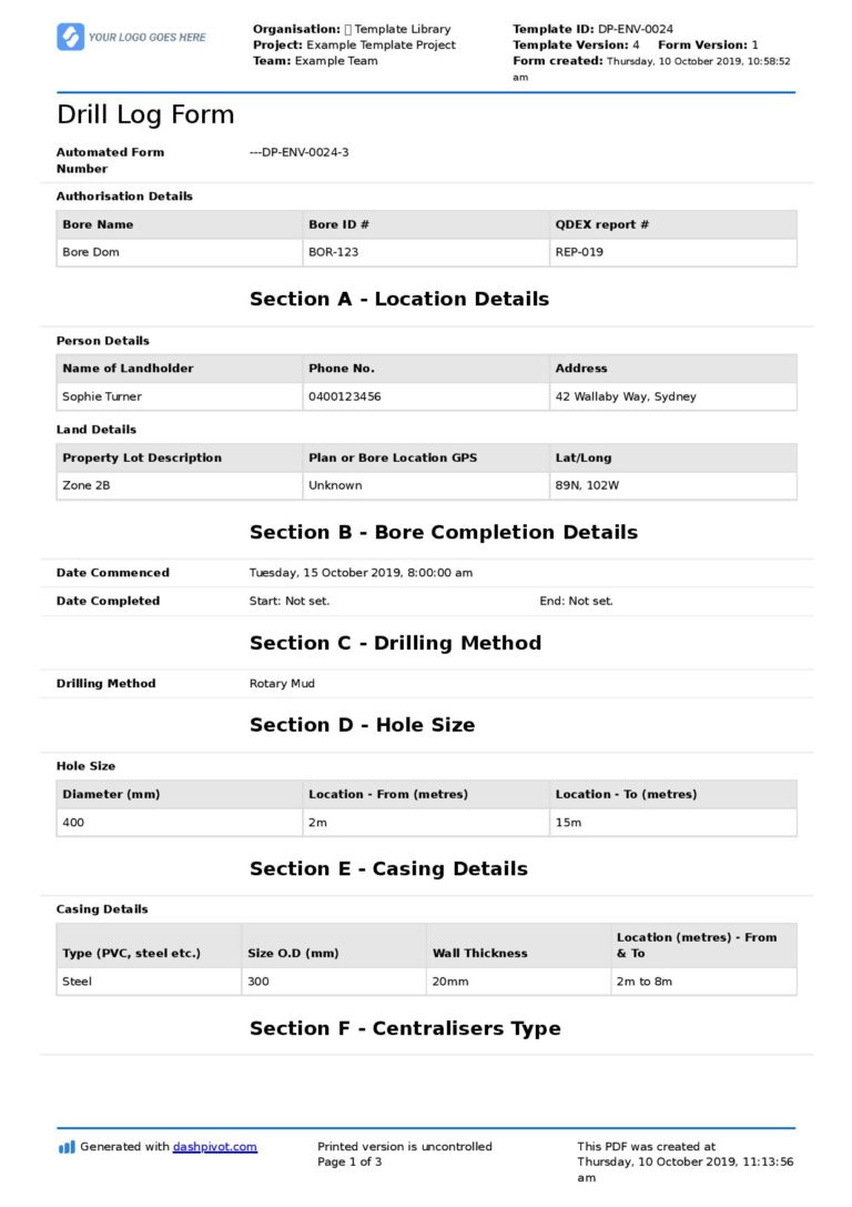 Drill Log Form template Free and editable drilling log