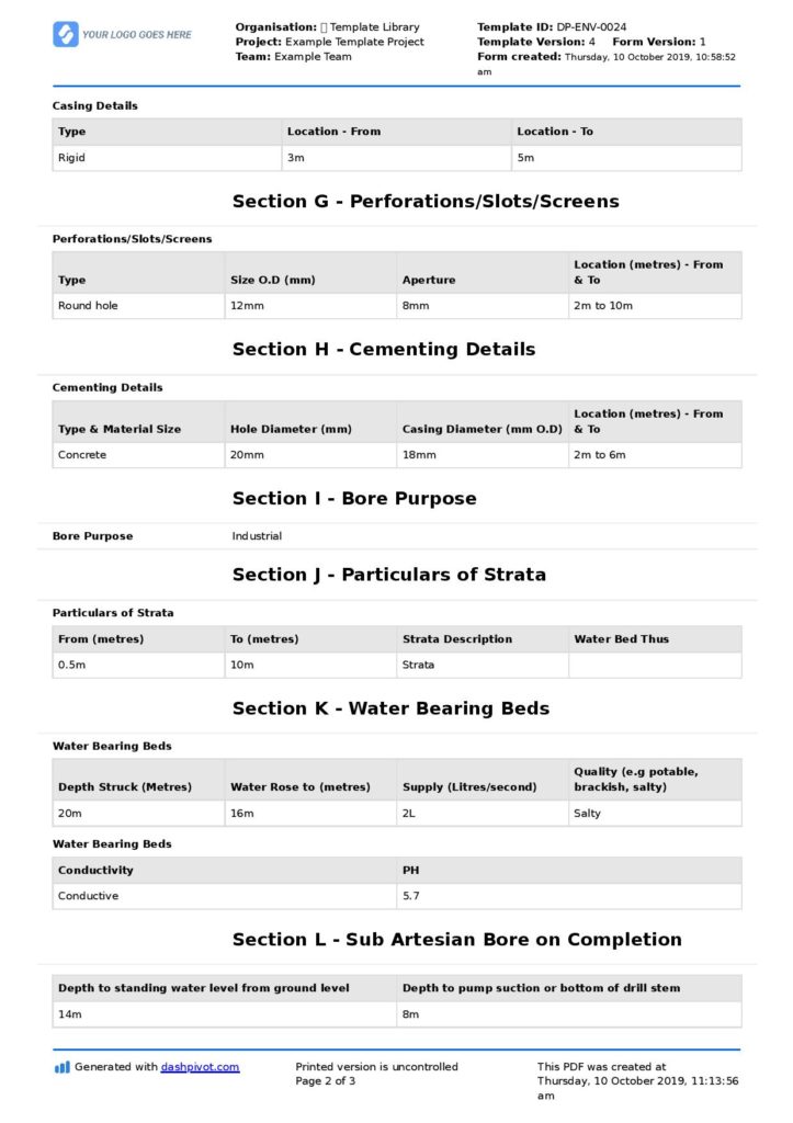 Drill log form Drill log form