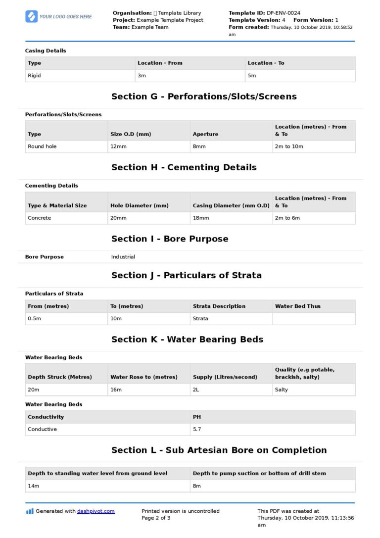 Drill Log Form template Free and editable drilling log