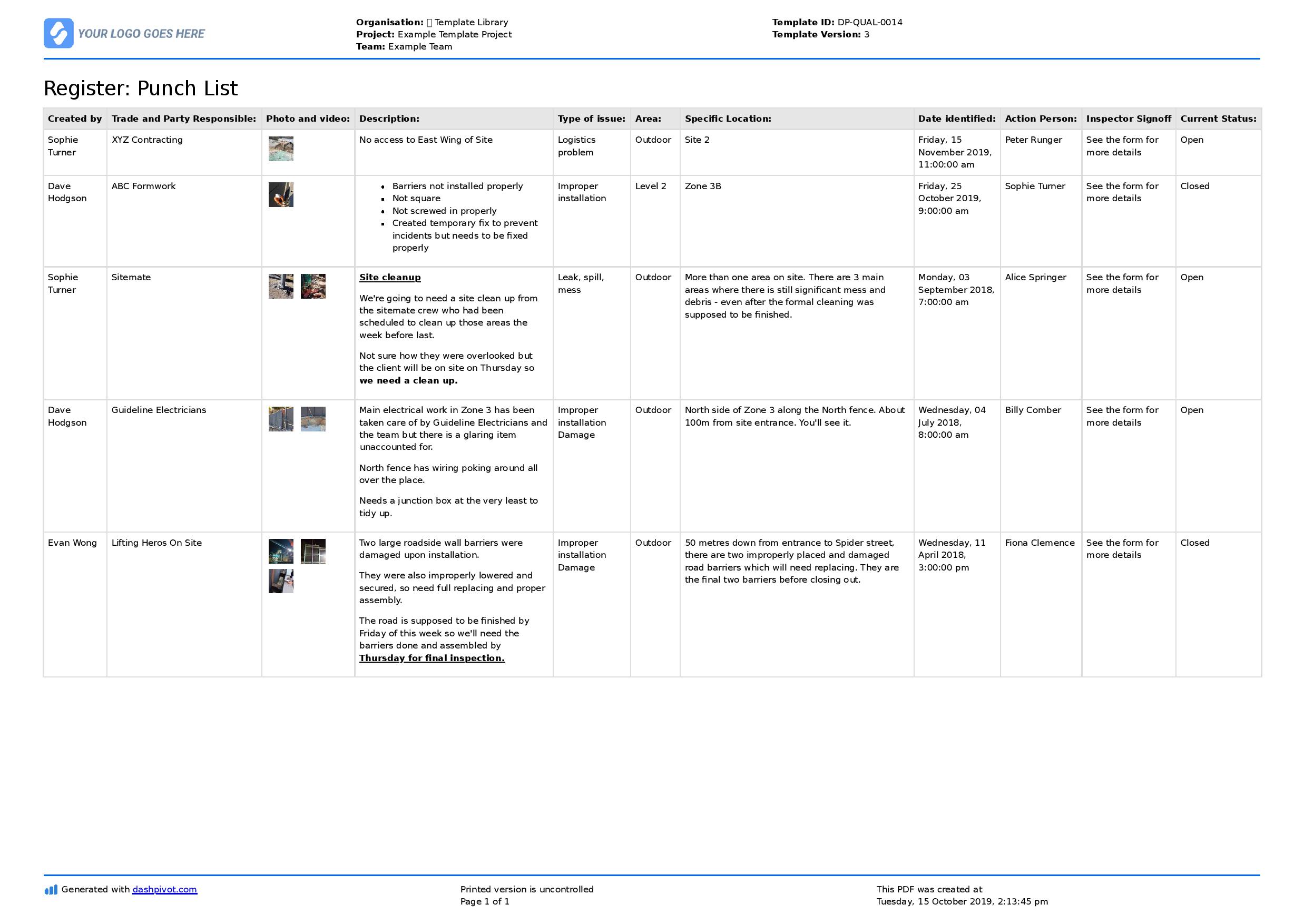 punch list template excel