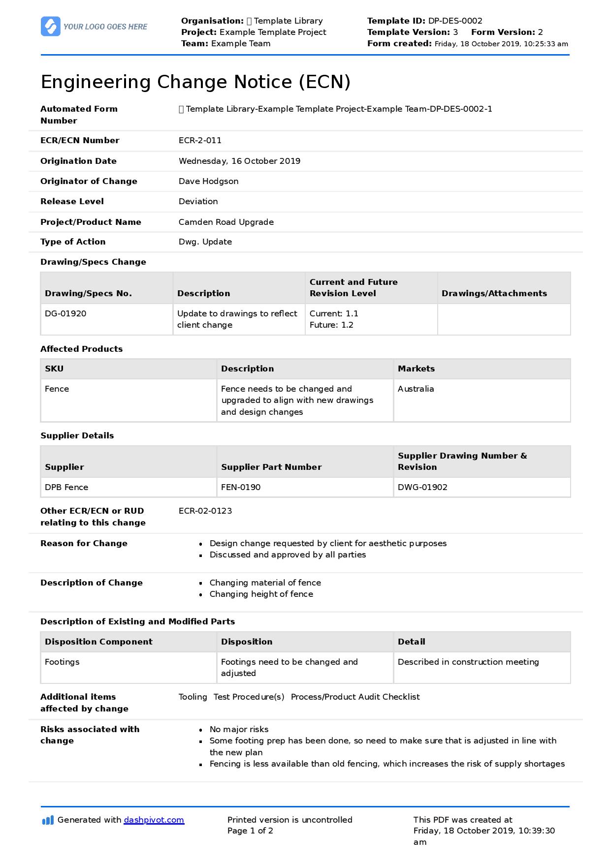 Free Engineering Change Notice Template Printable Templates