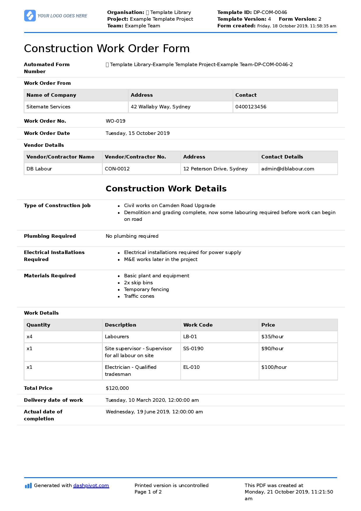 Construction work order format