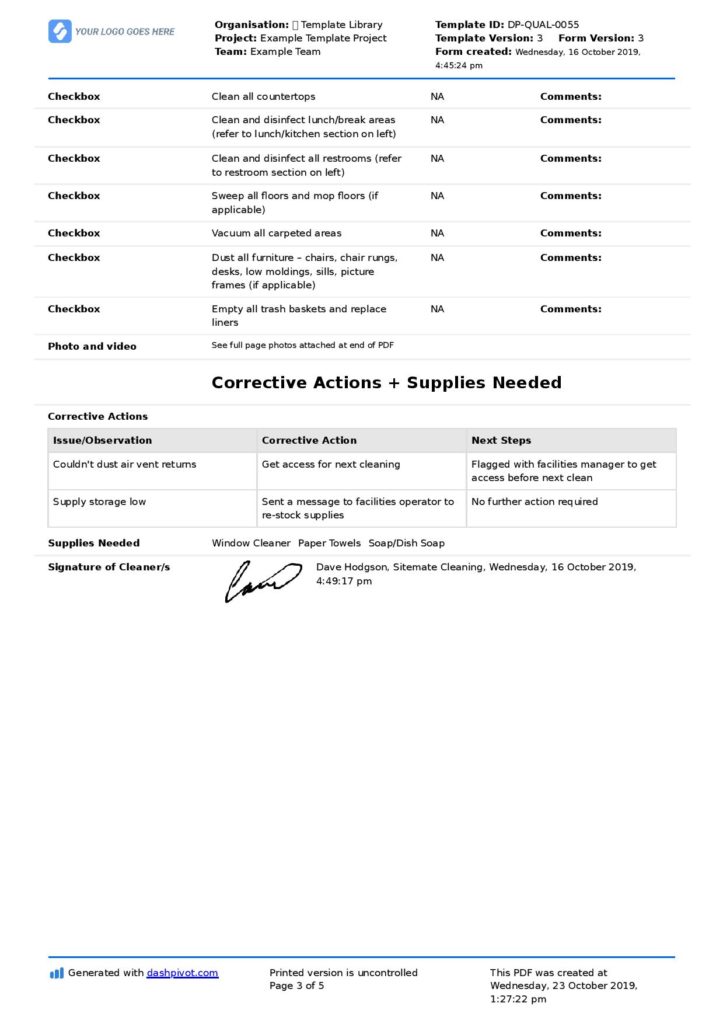 Cleaning business checklist template