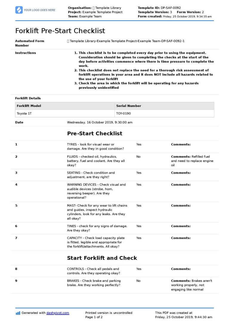 Forklift Pre Start Checklist (Free for any forklift prestart)