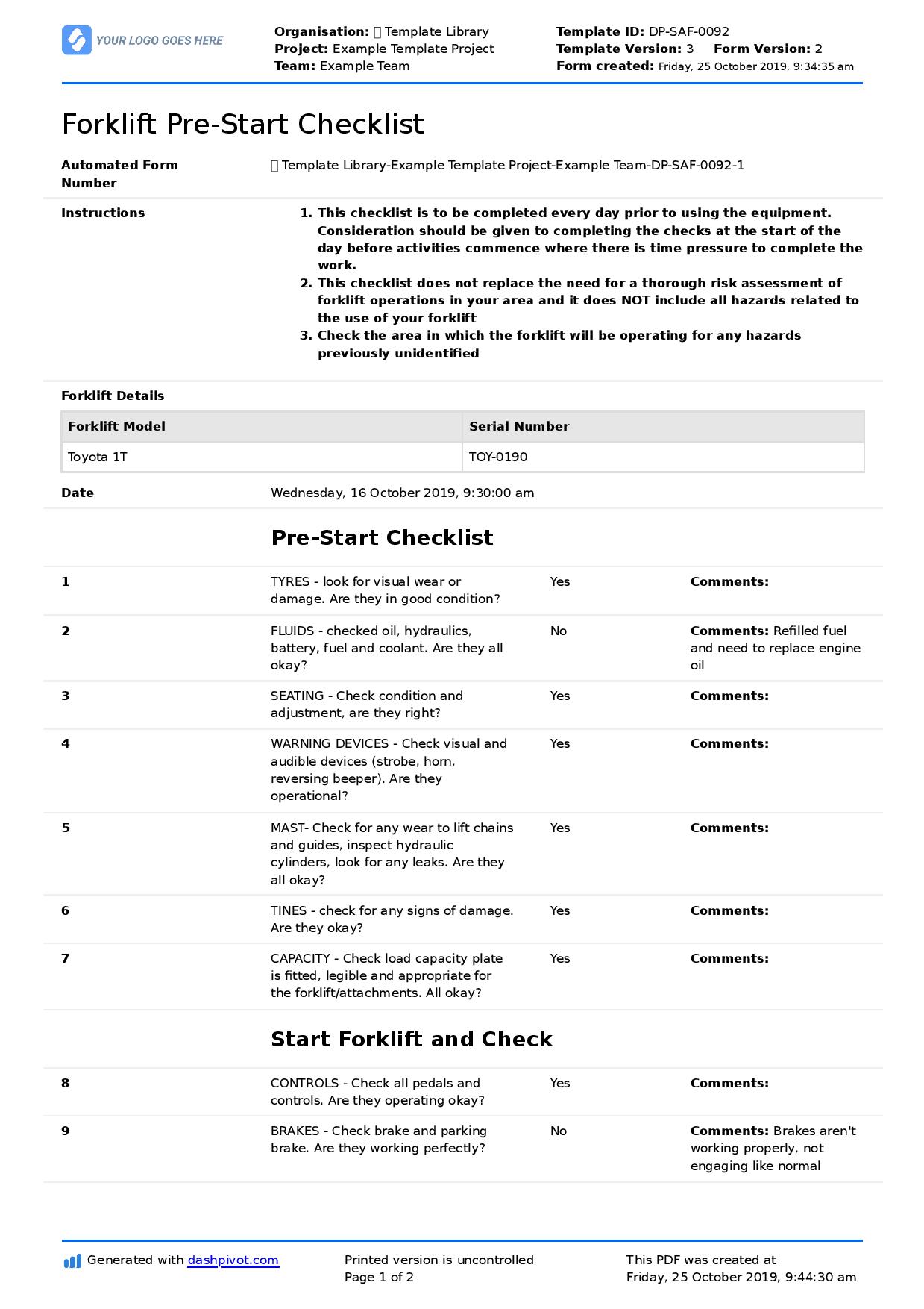 Forklift Pre Start Checklist (Free for any forklift pre start)