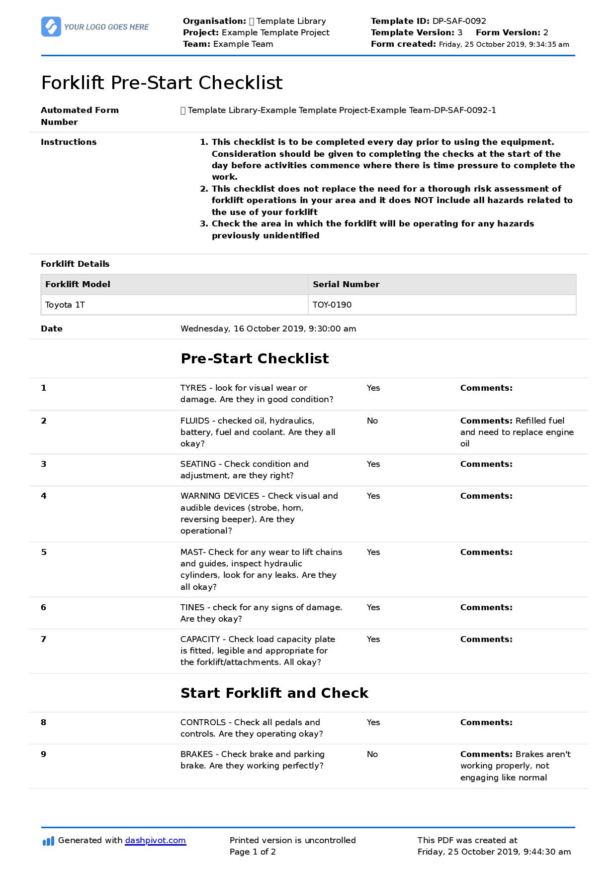 Forklift Daily Checklist