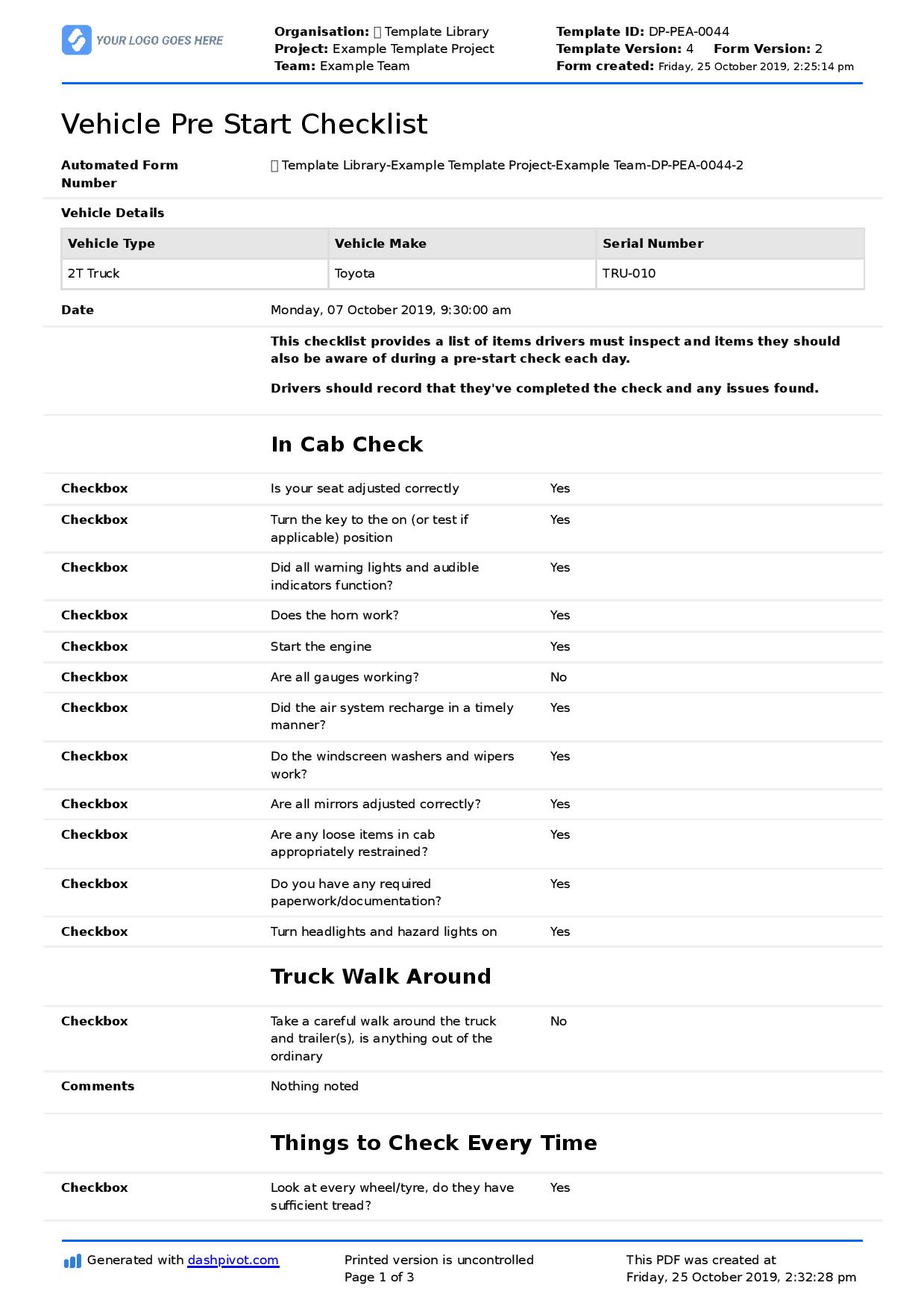 Free Vehicle Pre Start Checklist Template - Printable Templates