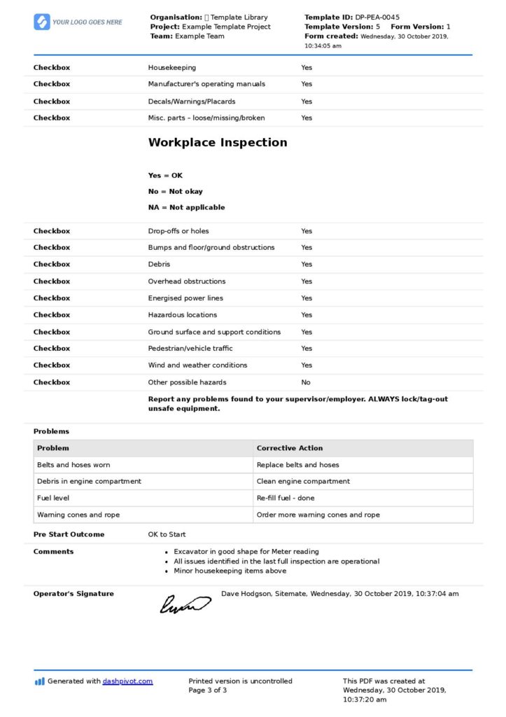 Pre start checklist for excavator