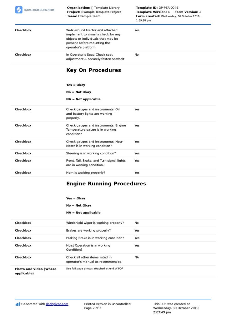 Tractor pre start checklist Tractor pre start checklist