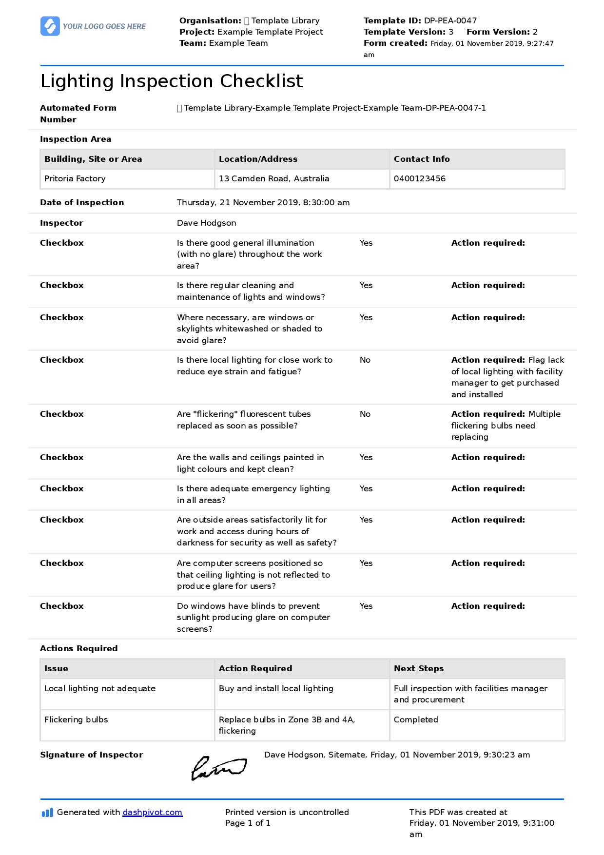 Lighting Inspection Checklist Free And Editable Checklist Template