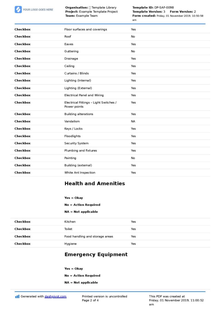 Facility Inspection Checklist template (Better than excel, PDF forms)