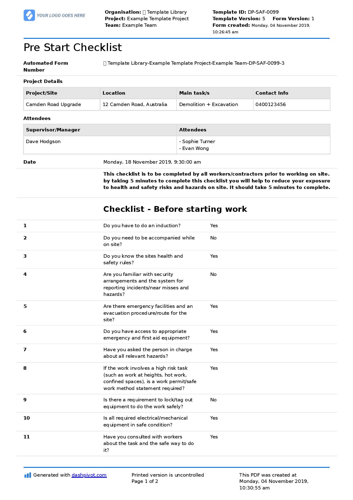 Pre Start Checklist Template Free And Customisable Machine Pre Start