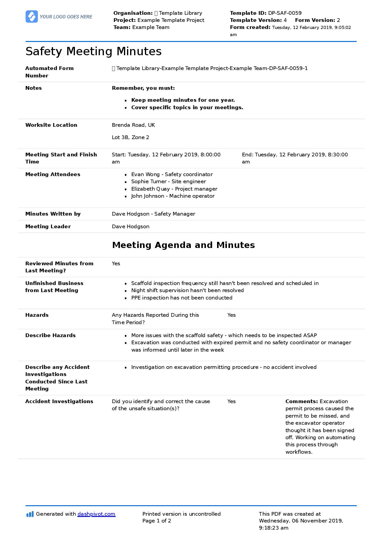 Safety Meeting template (Free to use, better than word) For Toolbox Meeting Template Doc