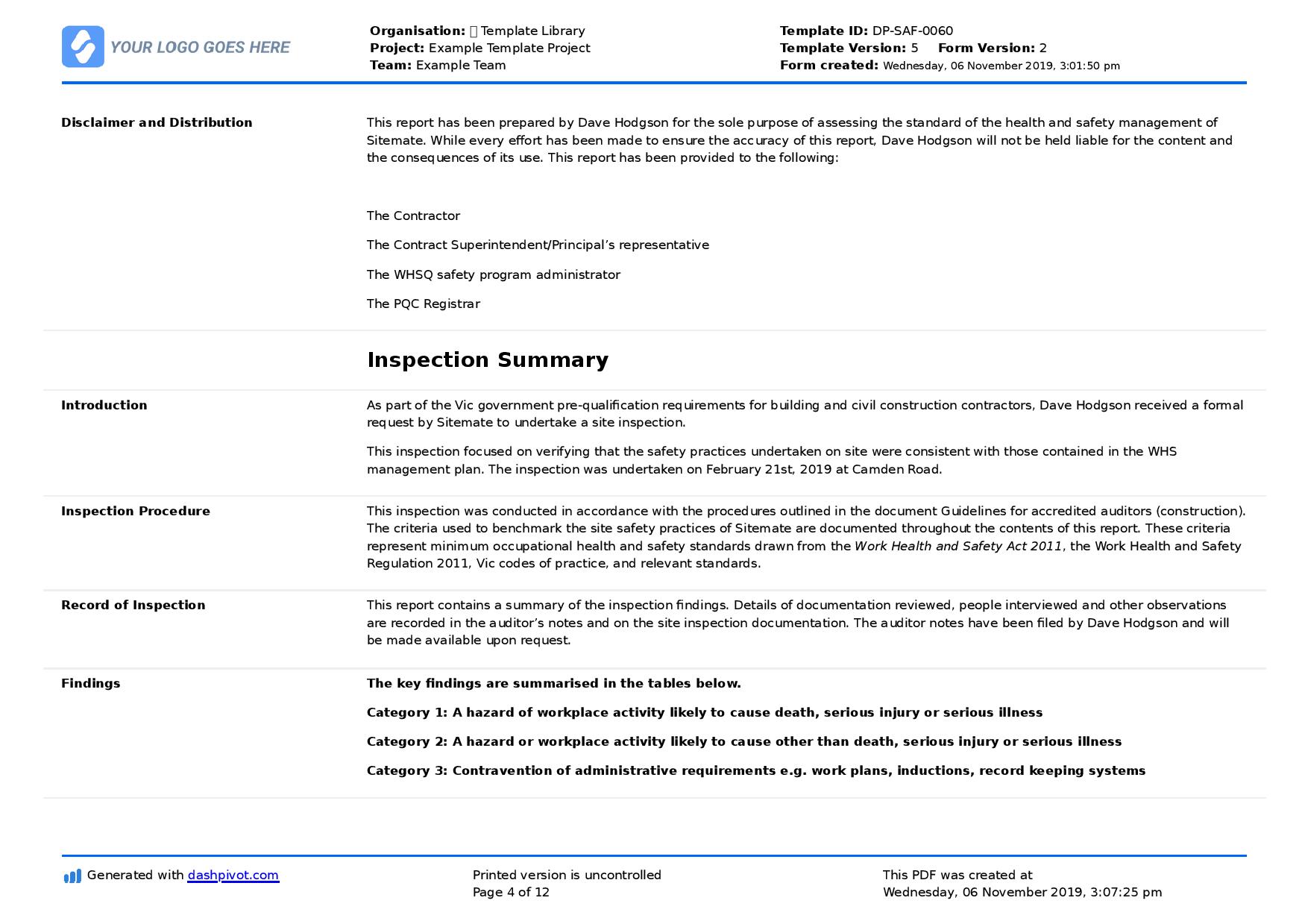 inspection in a report