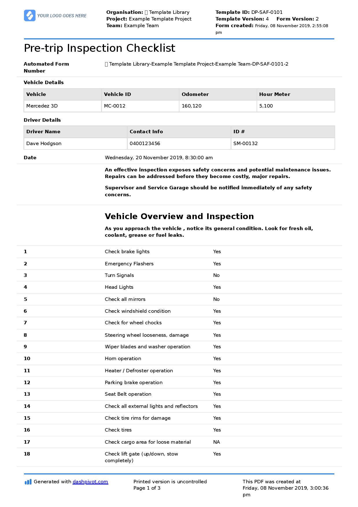 class a pre trip inspection checklist pdf