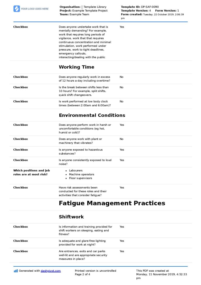 Fatigue Management Checklist and Example Report Template