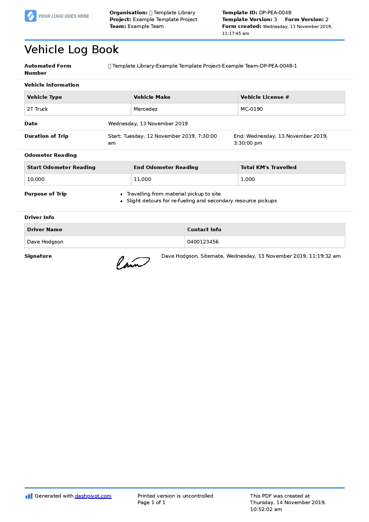 Vehicle log book format