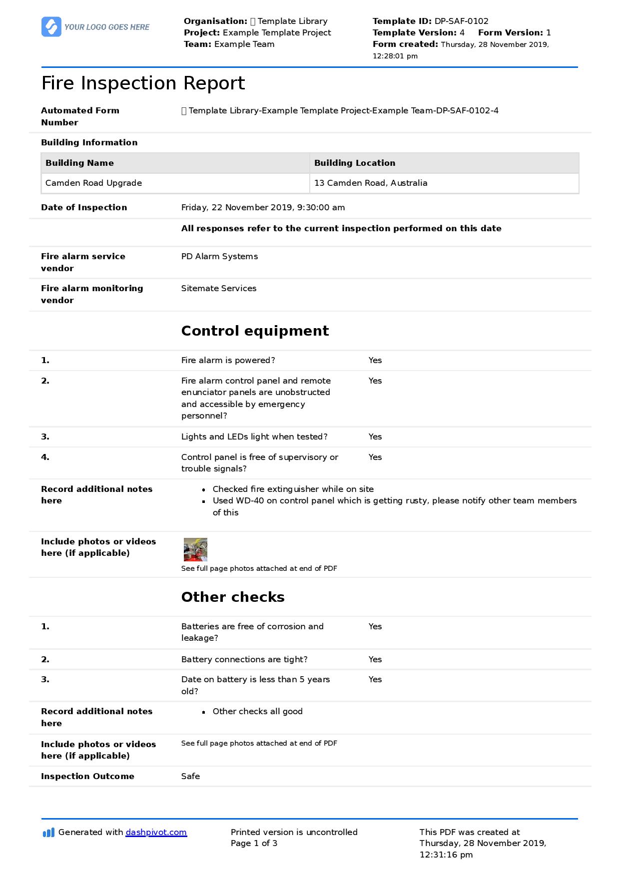 Fire Inspection Report template (Free and editable form template) In Emergency Drill Report Template