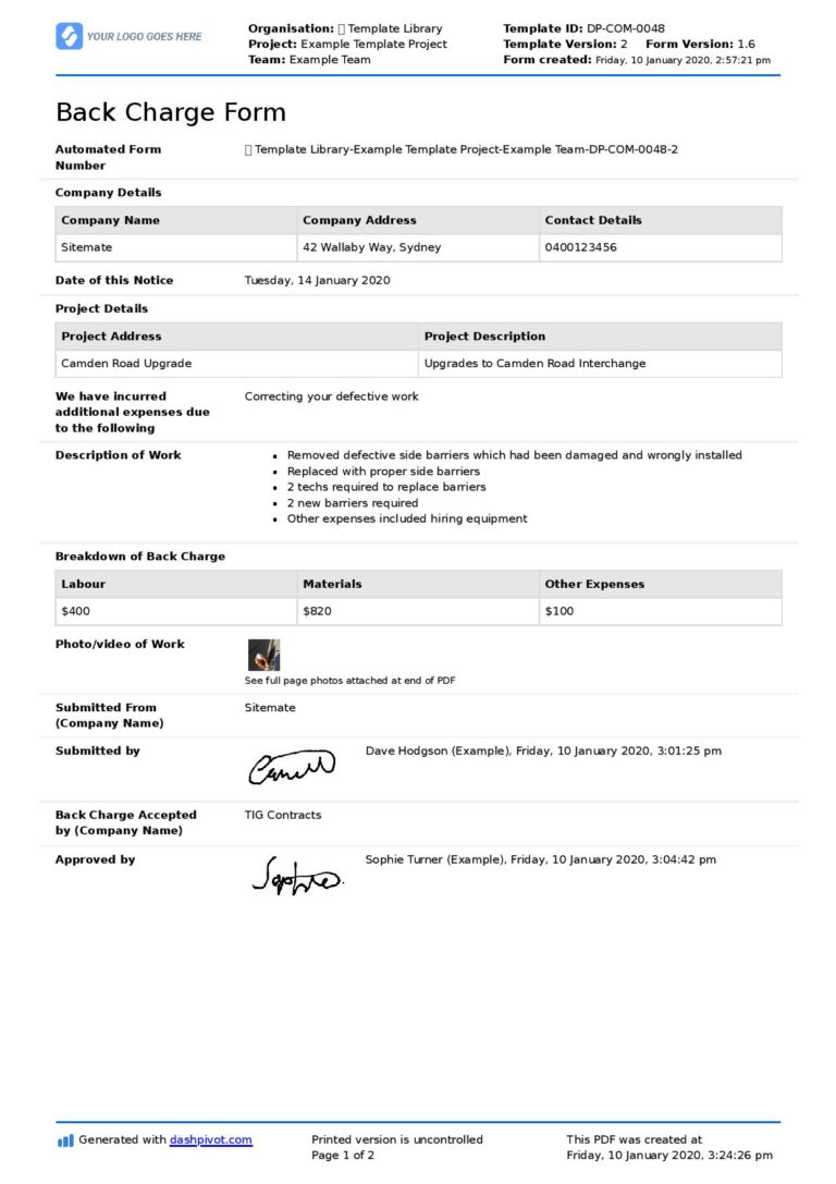 Back Charge Form Template For construction & project companies